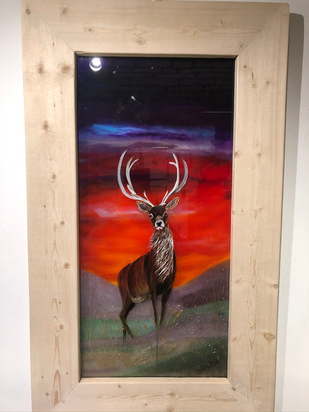 Hand painted glass picture stag