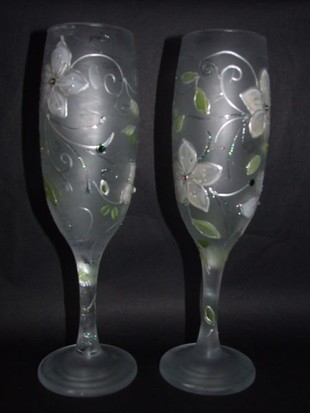 frosted , hand painted wedding glasses